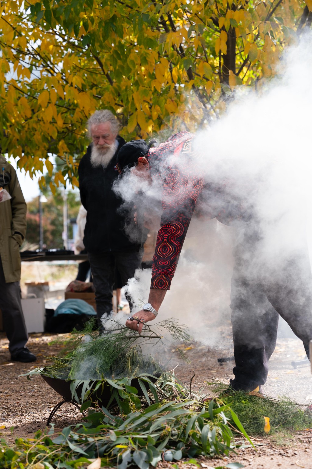Uncle Mark Brown tending native plants during a smoking ceremony